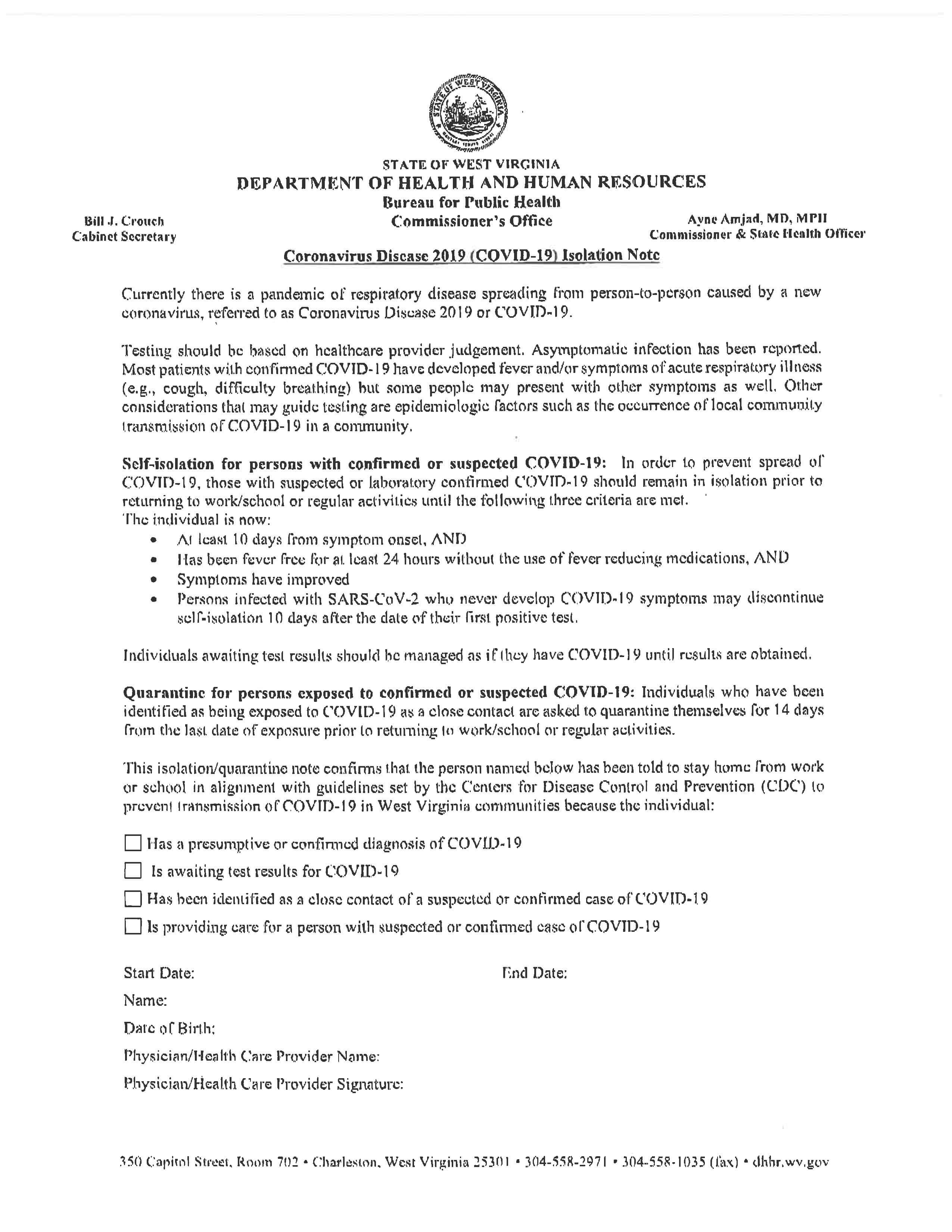 Image of WV COVID-19 Isolation Notices and the related West Virginia Code provision, representing how employers can rely on West Virginia employer lawyers Gary Matthews and Mike Frye for sound guidance on pandemic and general business, commercial, and labor and employment matters.