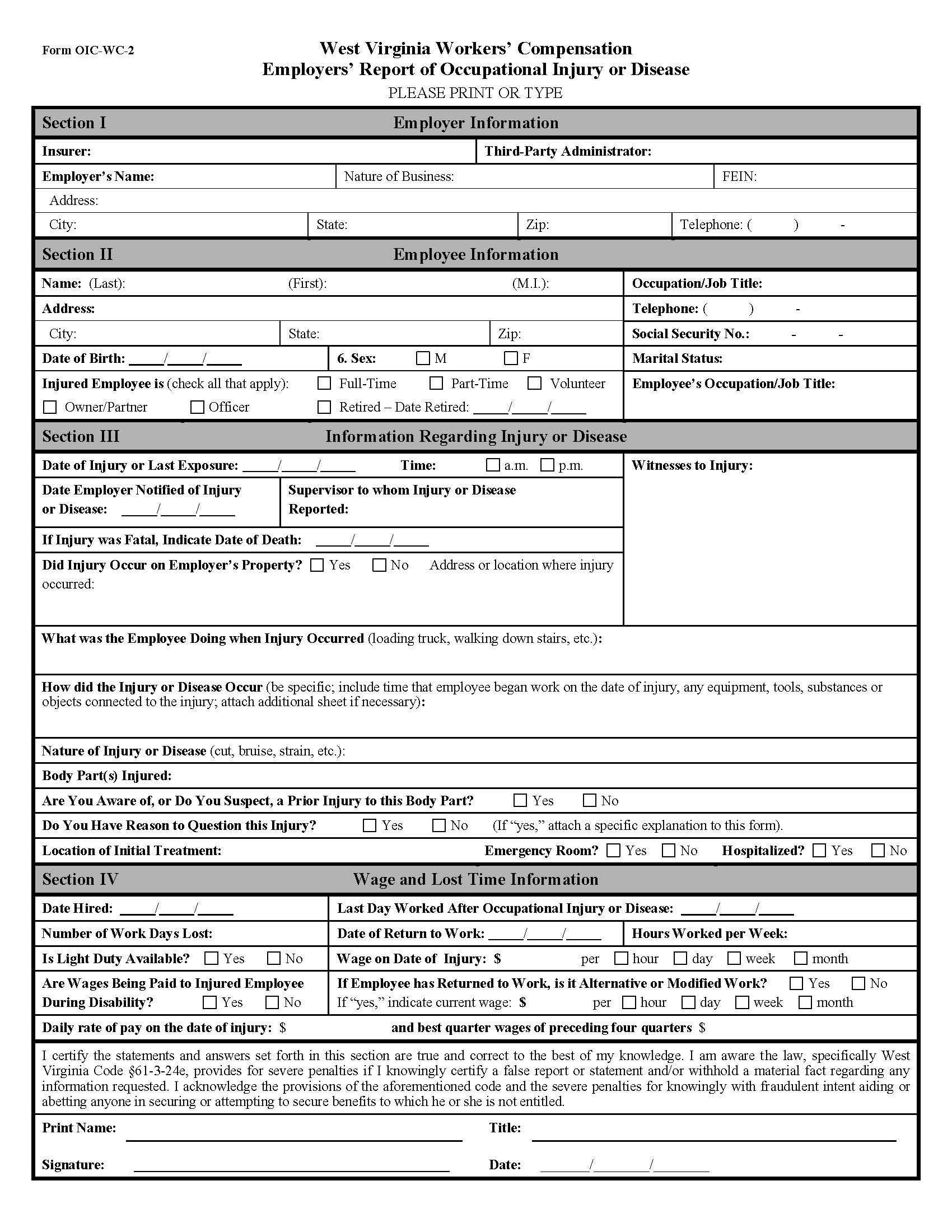 Image of the OIC-WC-2, one of the WV workers’ compensation forms required by West Virginia workers’ compensation rules.