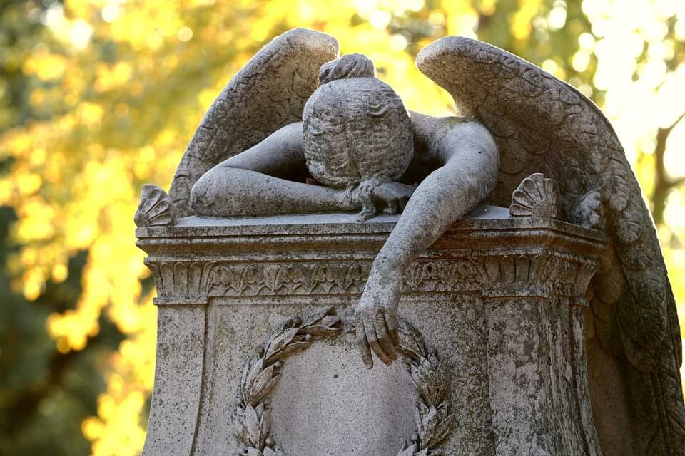 An image of a stone angel weeping on a headstone, representing the loss of a loved one and the burden placed on loved ones who must pay the Kentucky inheritance tax.