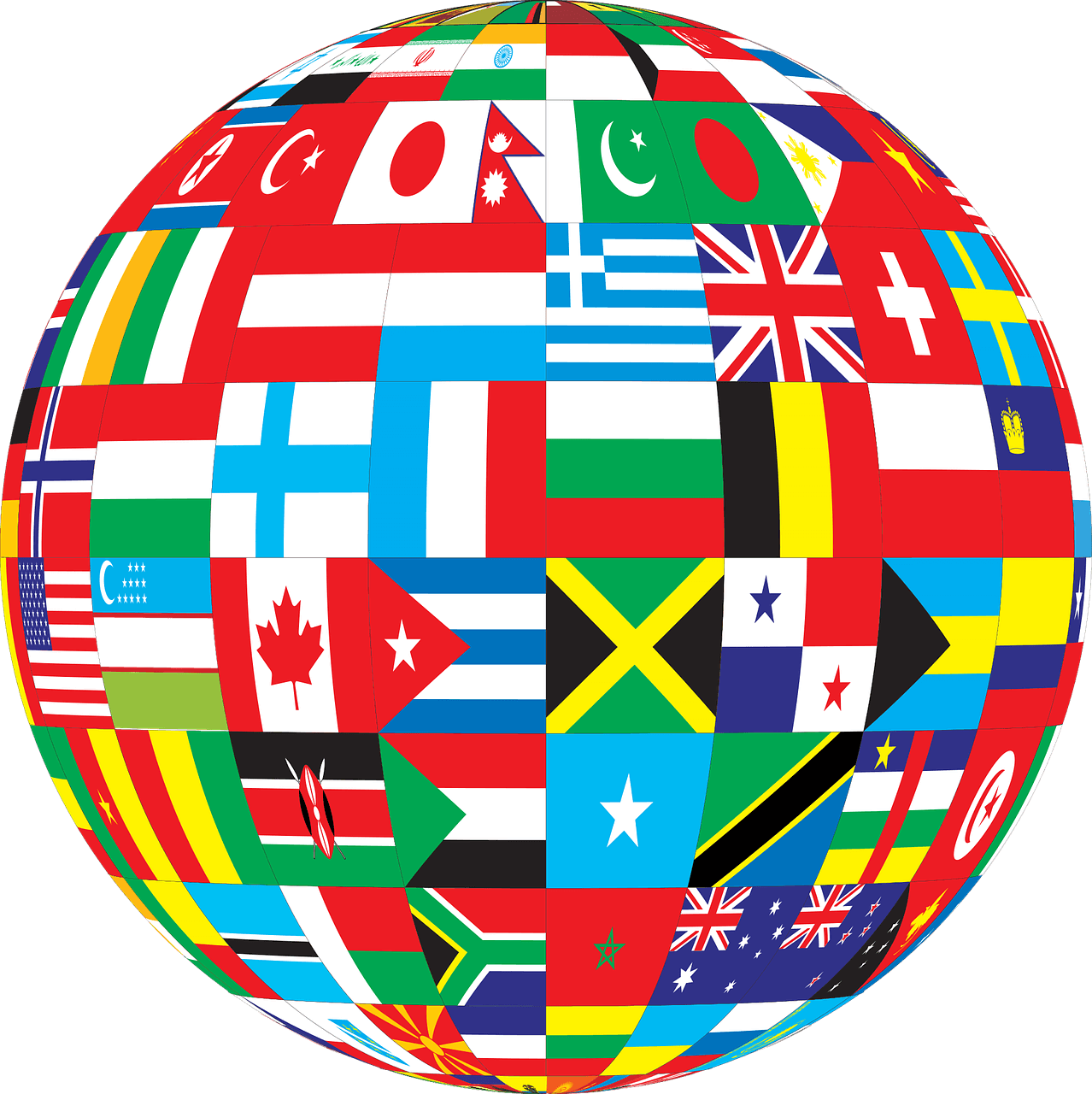 Image of globe plastered with flags of different nations suggesting that an international client needs expert international estate planning, and in West Virginia (WV) and Kentucky (KY), that attorney is Anna M. Price at Jenkins Fenstermaker, PLLC.