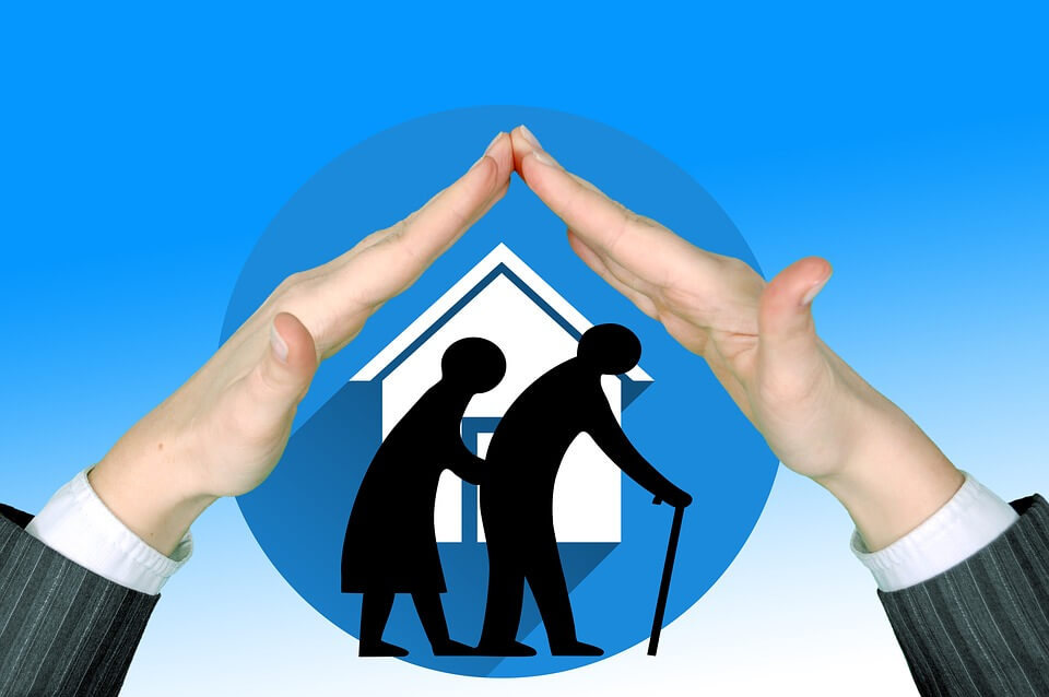 Image of two shadow cutouts walking hunched over, one with a cane, in front of the image of a house, representing the need for elder care and estate planning strategies that attorney Anna M. Price uses clients in WV, KY, and OH.