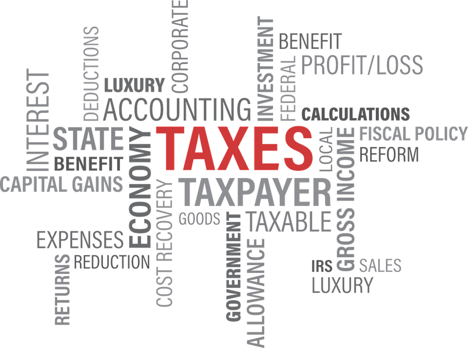 An image of a word cloud with the word taxes in red, representing an heir’s responsibility to file a final tax return and pay estate taxes in WV.